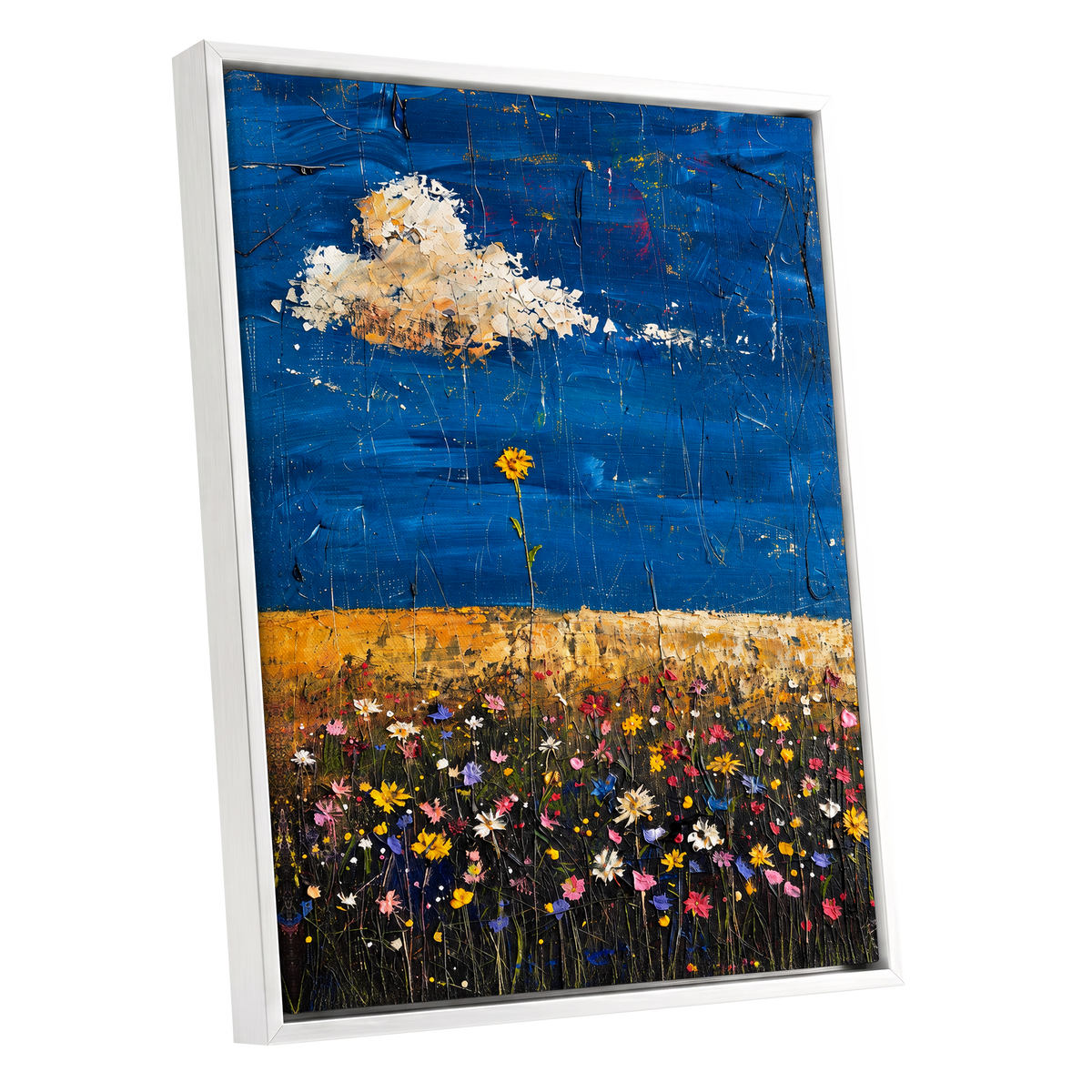 Wildflowers Under Cobalt, blue, black, yellow floral wall art shown as a white framed canvas wall art