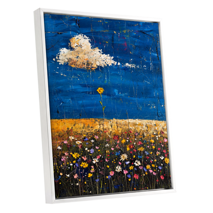 Wildflowers Under Cobalt, blue, black, yellow floral wall art shown as a white framed canvas wall art