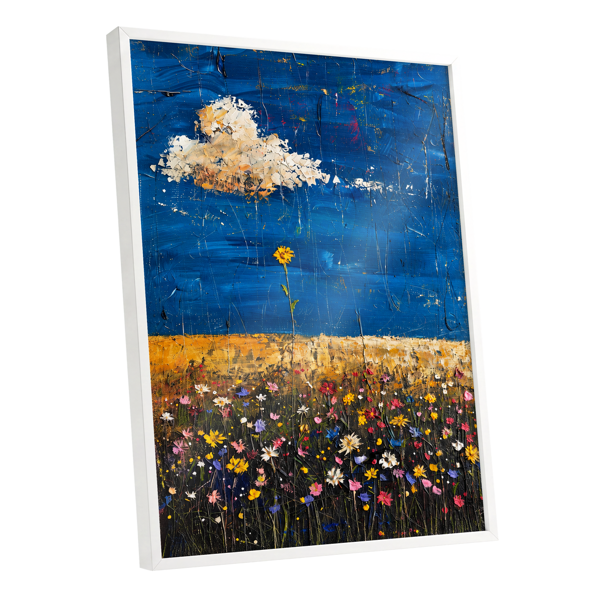 Wildflowers Under Cobalt, blue, black, yellow floral wall art shown as a white framed poster wall art print