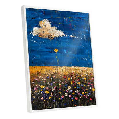 Wildflowers Under Cobalt, blue, black, yellow floral wall art shown as a white framed poster wall art print