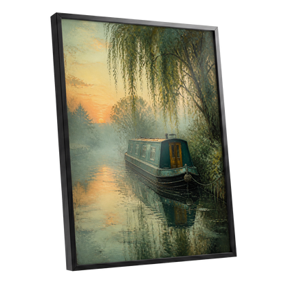 Willow at Dusk, green, blue, gold nature wall art shown as a black framed poster wall art print
