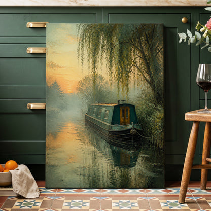Willow at Dusk, green, blue, gold nature wall art on canvas displayed in a styled interior, gallery view 1