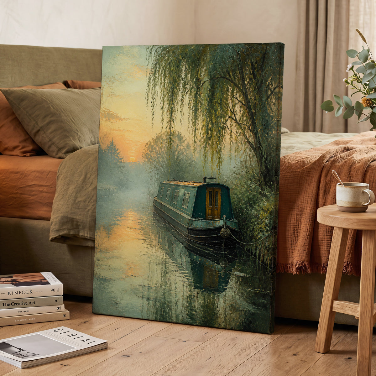 Willow at Dusk, green, blue, gold nature wall art on canvas displayed in a styled interior, gallery view 2