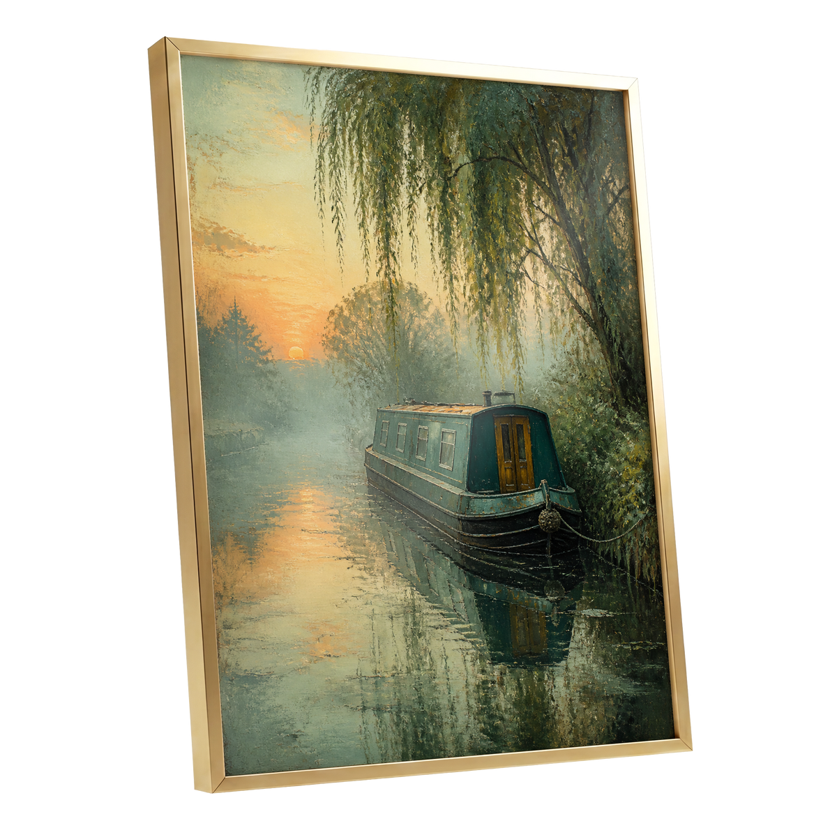 Willow at Dusk, green, blue, gold nature wall art shown as a gold framed poster wall art print