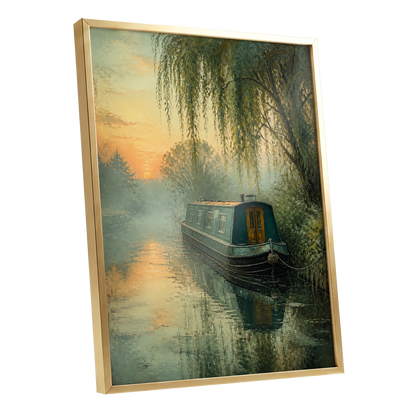 Willow at Dusk, green, blue, gold nature wall art shown as a gold framed poster wall art print