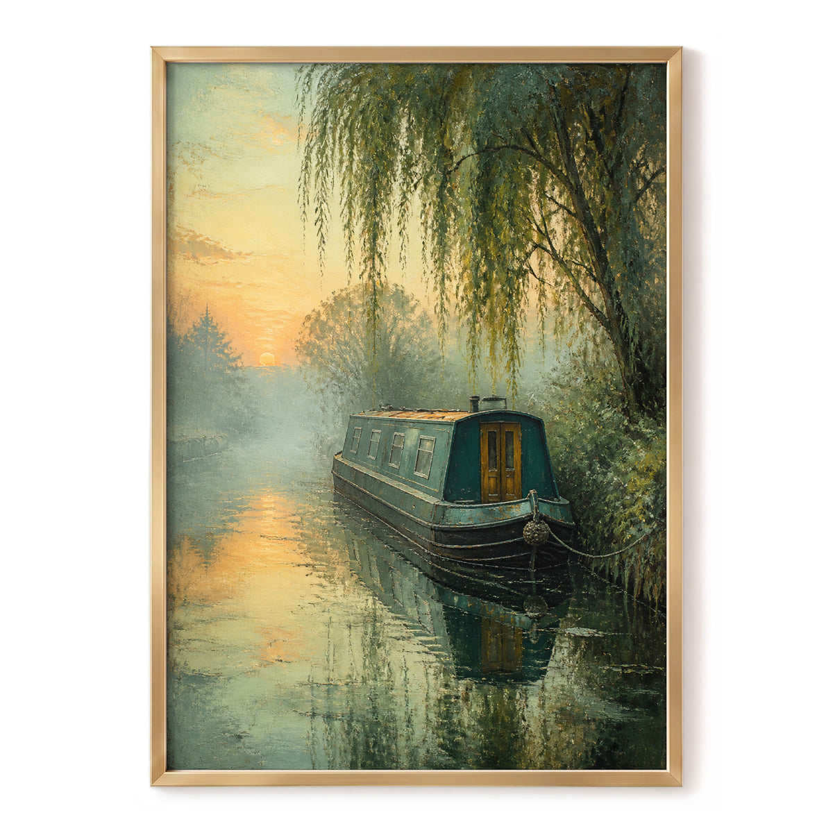 Willow at Dusk, green, blue, gold nature wall art, front artwork view