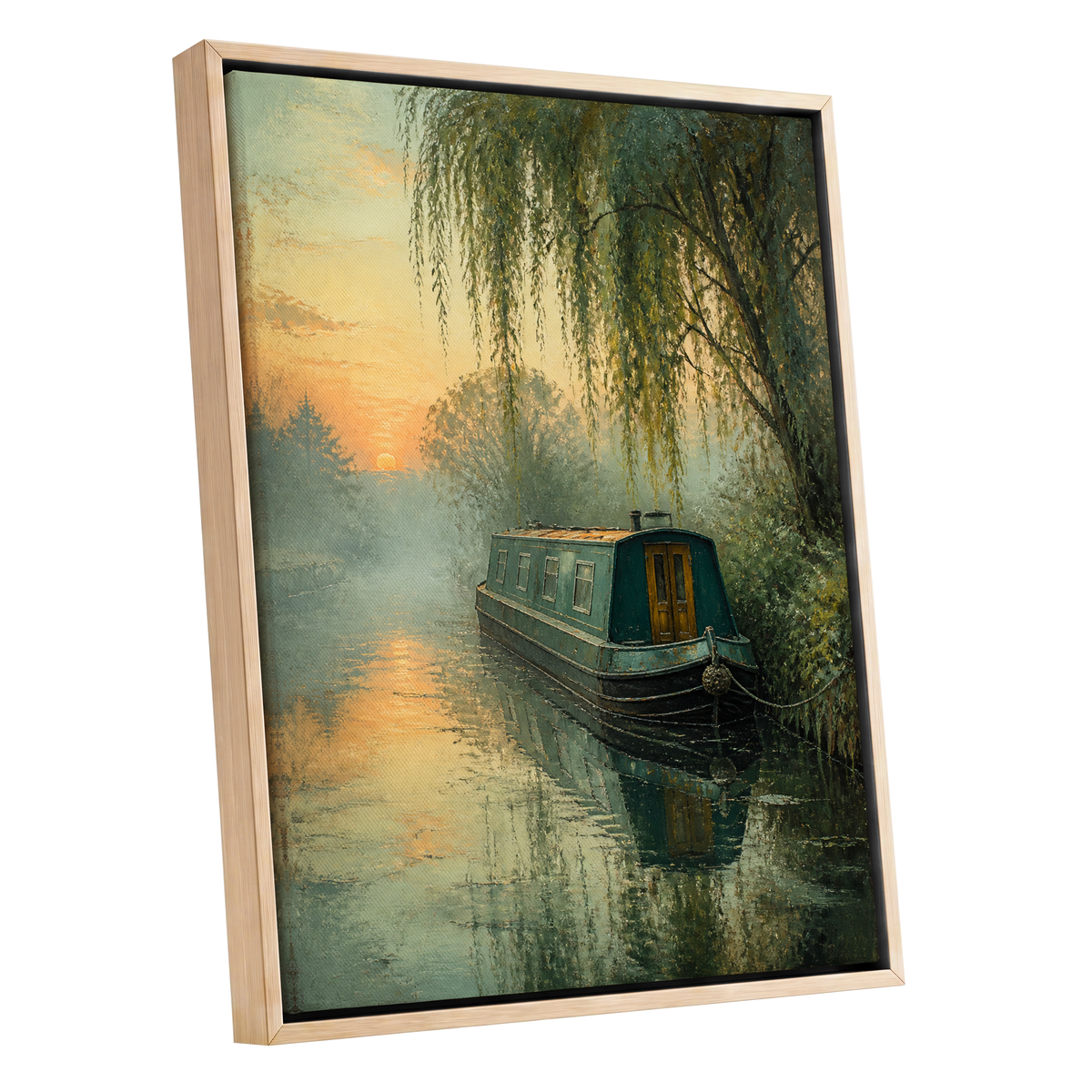 Willow at Dusk, green, blue, gold nature wall art shown as a oak framed canvas wall art