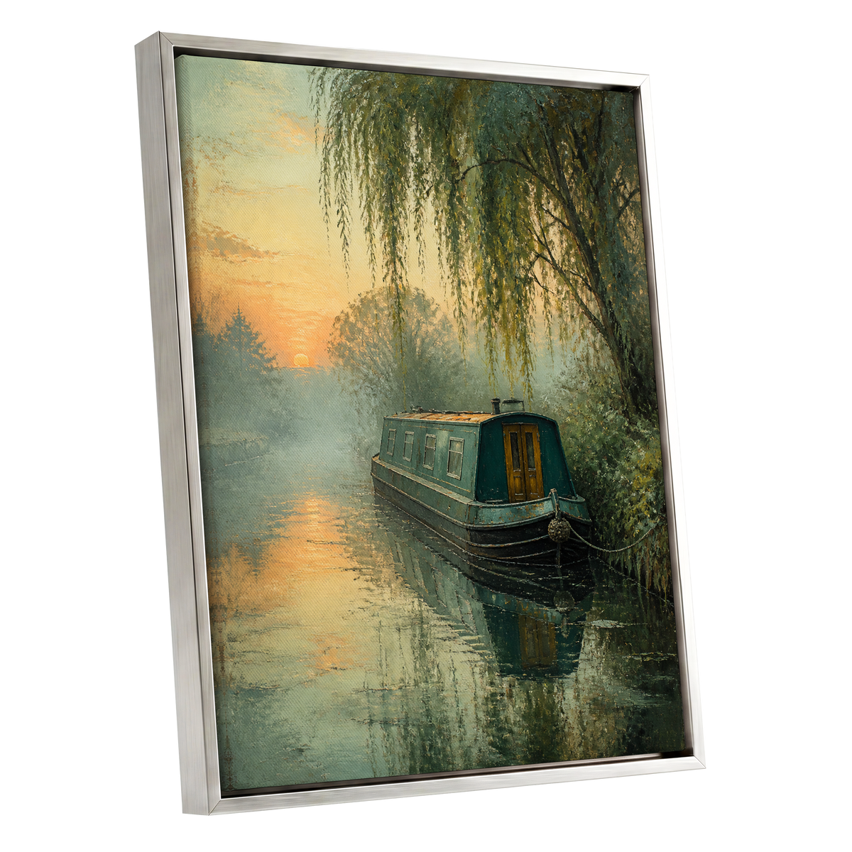 Willow at Dusk, green, blue, gold nature wall art shown as a silver framed canvas wall art