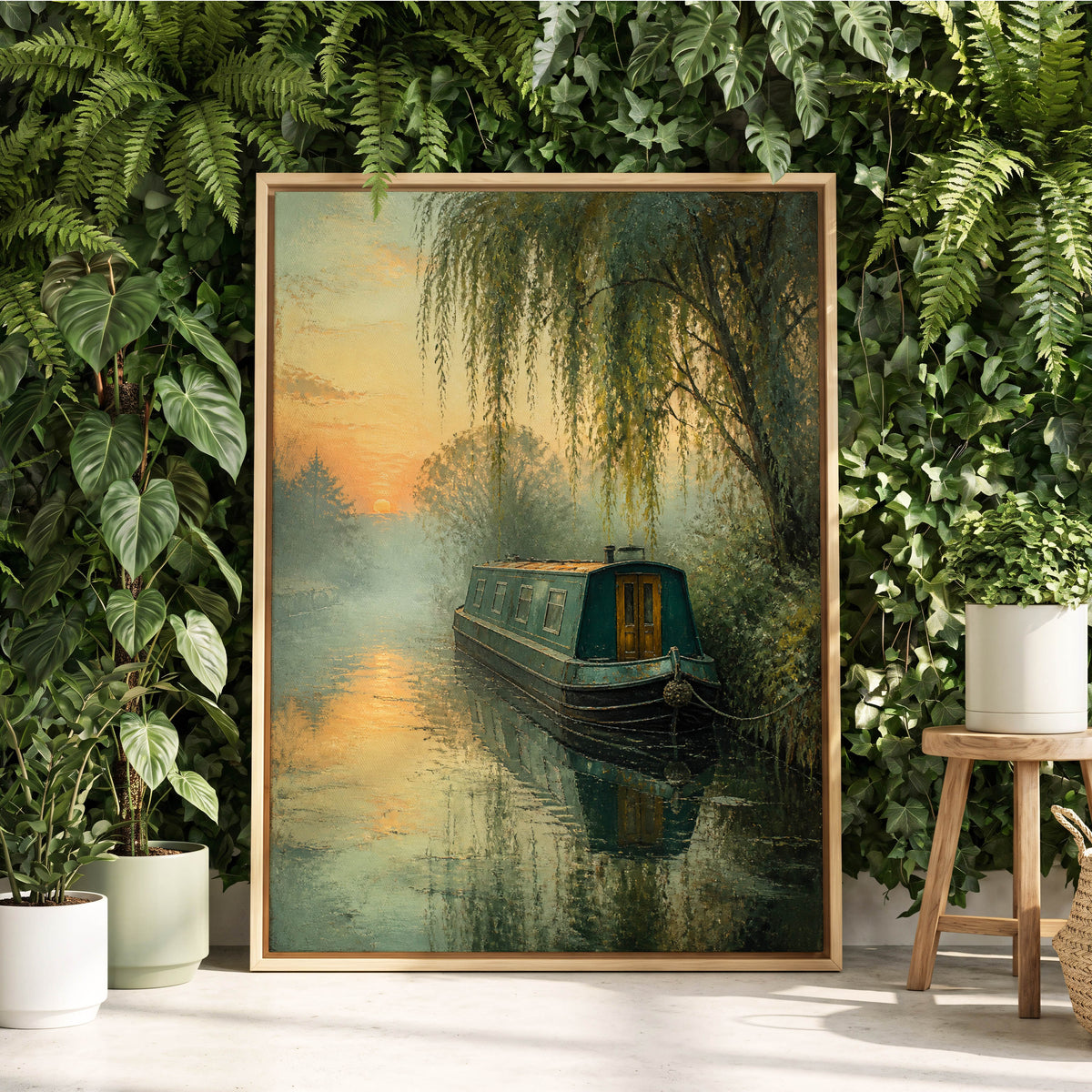 Willow at Dusk, green, blue, gold nature wall art displayed in a styled interior, gallery view 2