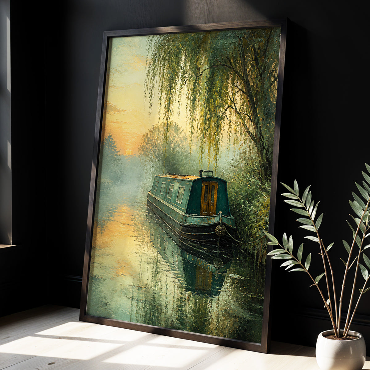 Willow at Dusk, green, blue, gold nature wall art displayed in a styled interior, gallery view 3