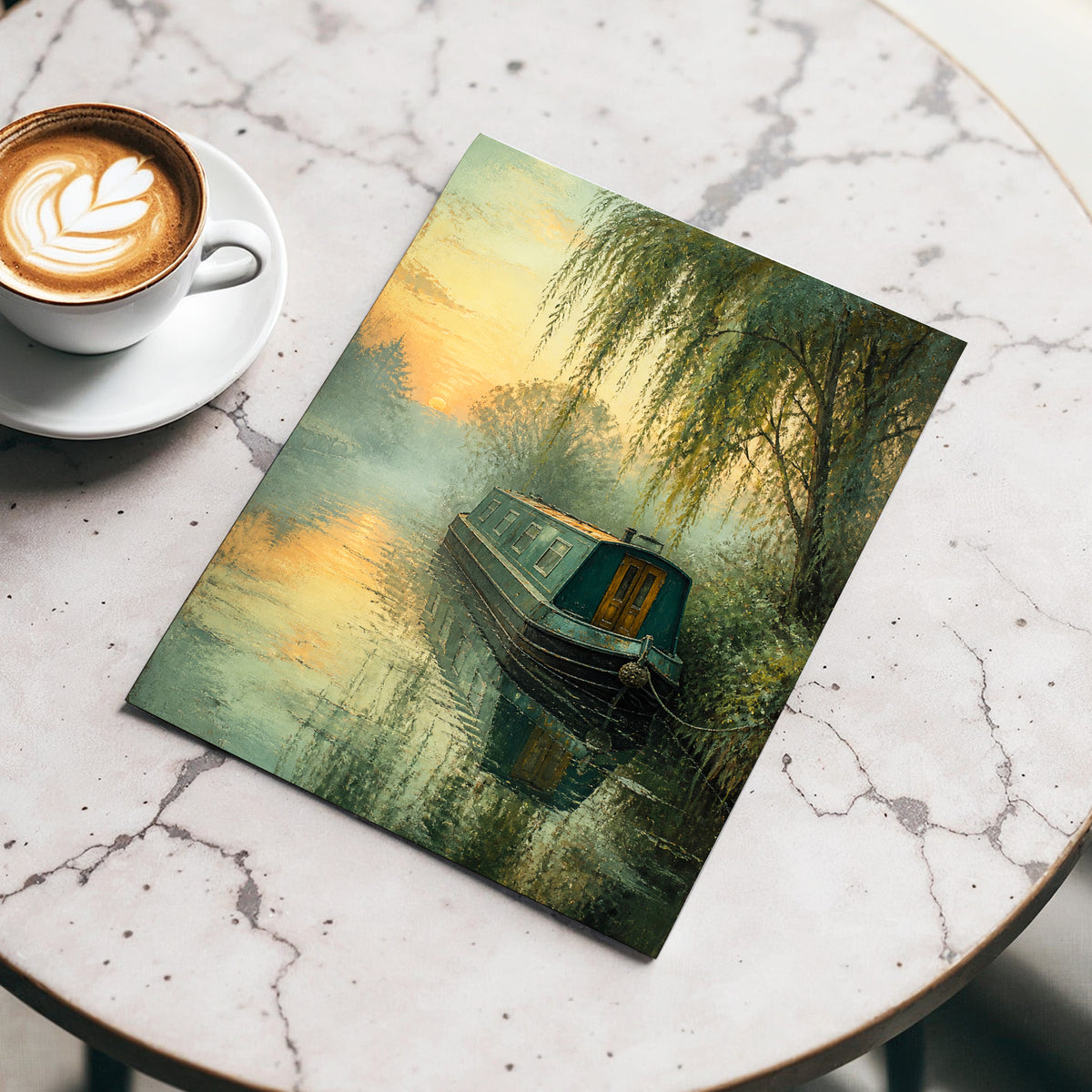 Willow at Dusk, green, blue, gold nature wall art displayed in a styled interior, gallery view 4