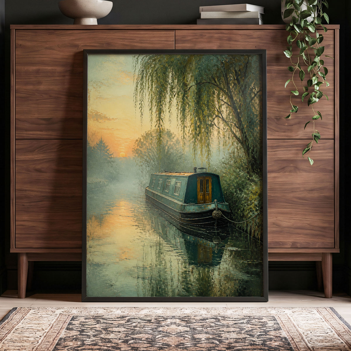 Willow at Dusk, green, blue, gold nature wall art displayed in a styled interior, gallery view 5