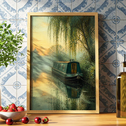 Willow at Dusk, green, blue, gold nature wall art displayed in a styled interior, gallery view 6