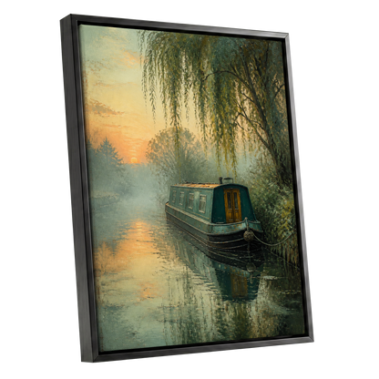 Willow at Golden Dusk, green, blue, gold nature wall art shown as a black framed canvas wall art