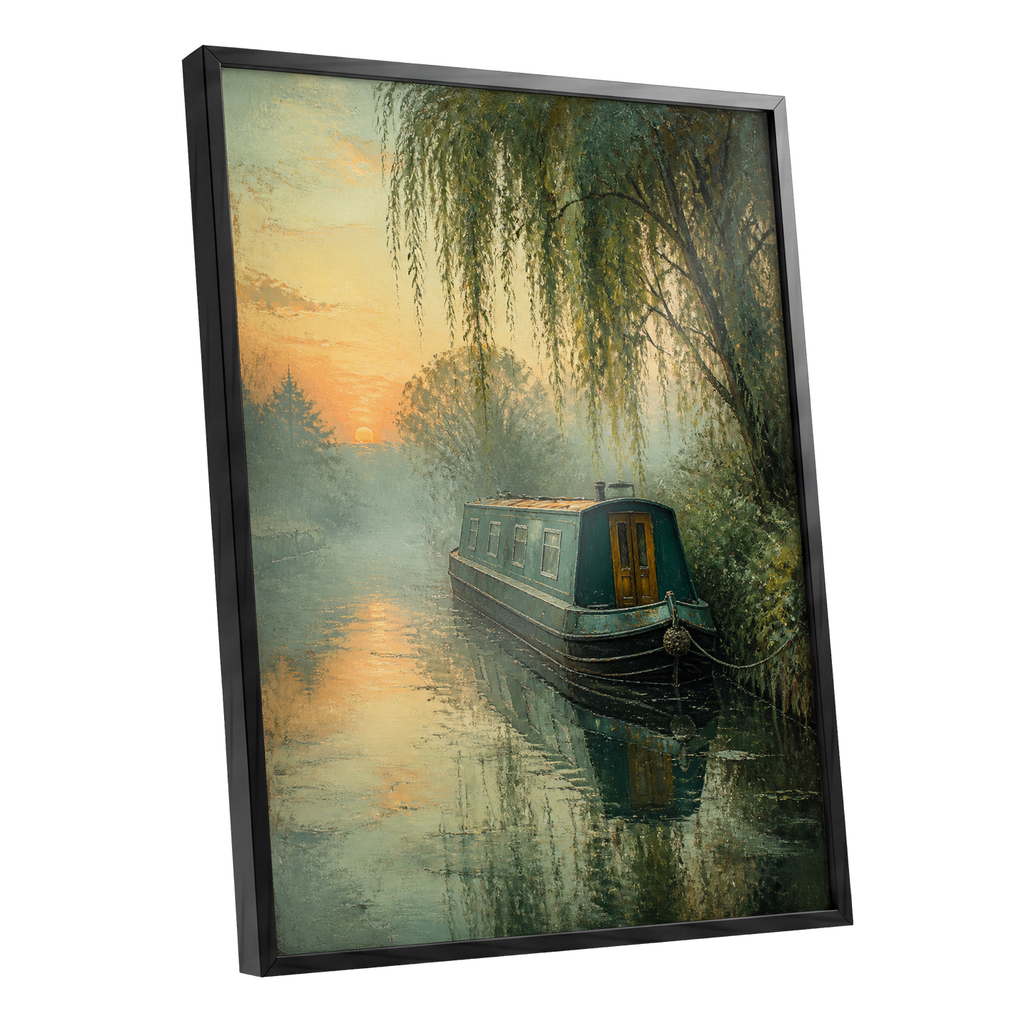 Willow at Golden Dusk, green, blue, gold nature wall art shown as a black framed poster wall art print
