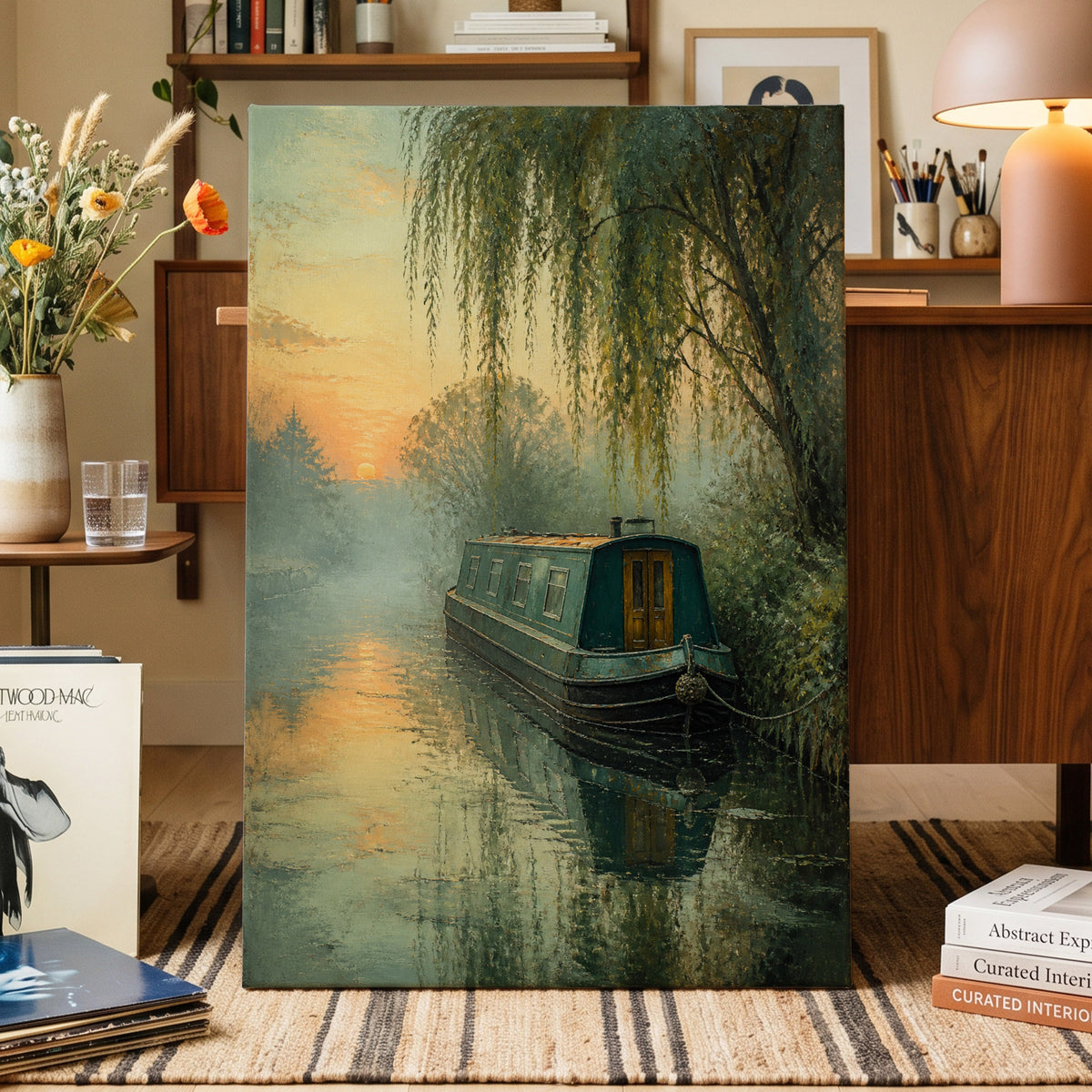 Willow at Golden Dusk, green, blue, gold nature wall art on canvas displayed in a styled interior, gallery view 1