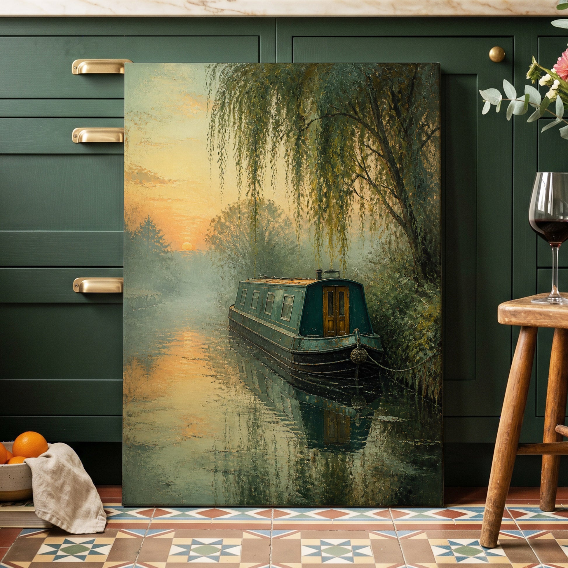 Willow at Golden Dusk, green, blue, gold nature wall art on canvas displayed in a styled interior, gallery view 2