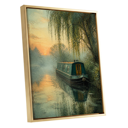 Willow at Golden Dusk, green, blue, gold nature wall art shown as a gold framed canvas wall art