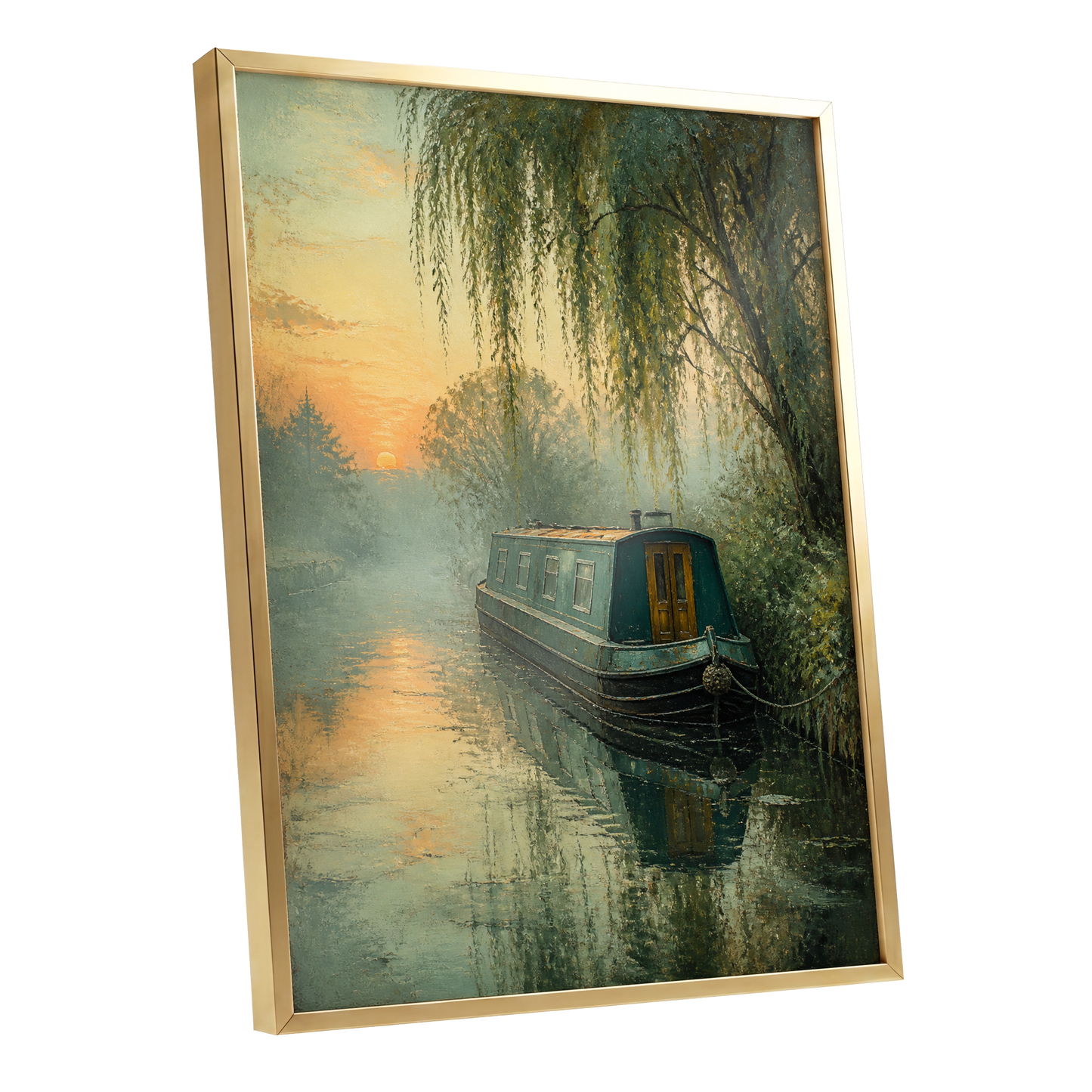 Willow at Golden Dusk, green, blue, gold nature wall art shown as a gold framed poster wall art print
