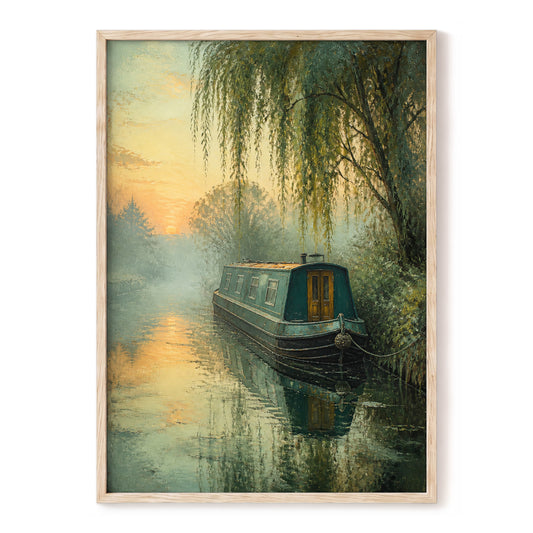 Willow at Golden Dusk, green, blue, gold nature wall art, front artwork view