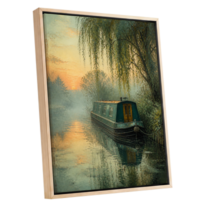 Willow at Golden Dusk, green, blue, gold nature wall art shown as a oak framed canvas wall art