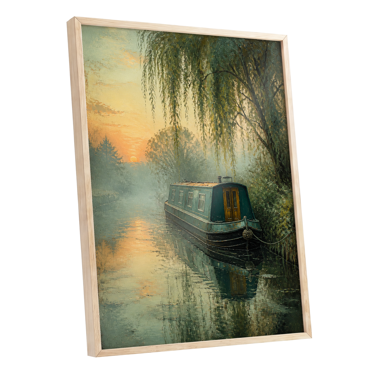 Willow at Golden Dusk, green, blue, gold nature wall art shown as a oak framed poster wall art print