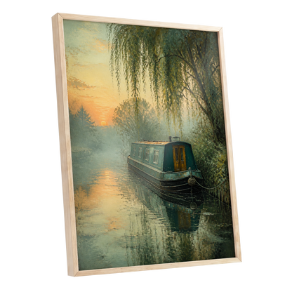 Willow at Golden Dusk, green, blue, gold nature wall art shown as a oak framed poster wall art print