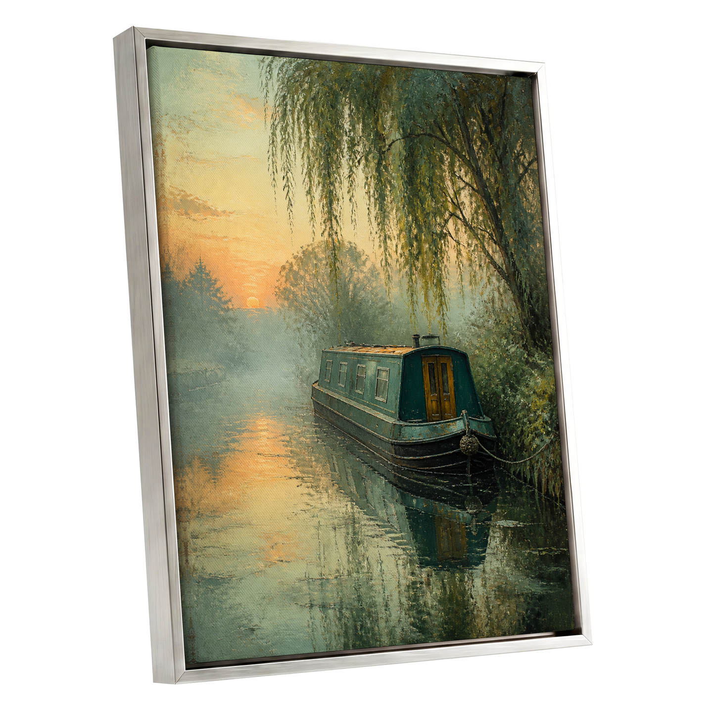Willow at Golden Dusk, green, blue, gold nature wall art shown as a silver framed canvas wall art