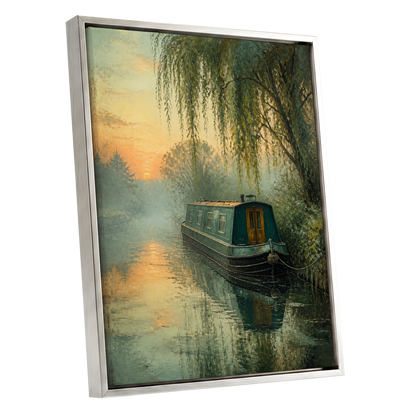 Willow at Golden Dusk, green, blue, gold nature wall art shown as a silver framed canvas wall art