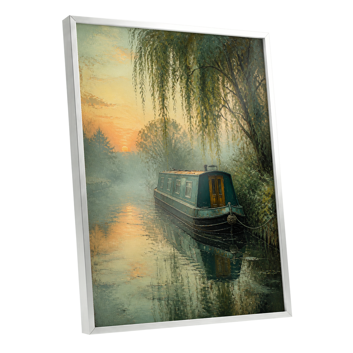 Willow at Golden Dusk, green, blue, gold nature wall art shown as a silver framed poster wall art print