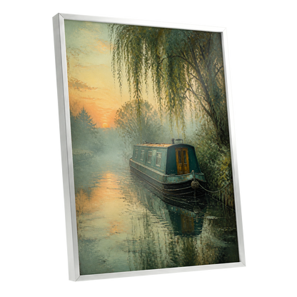 Willow at Golden Dusk, green, blue, gold nature wall art shown as a silver framed poster wall art print