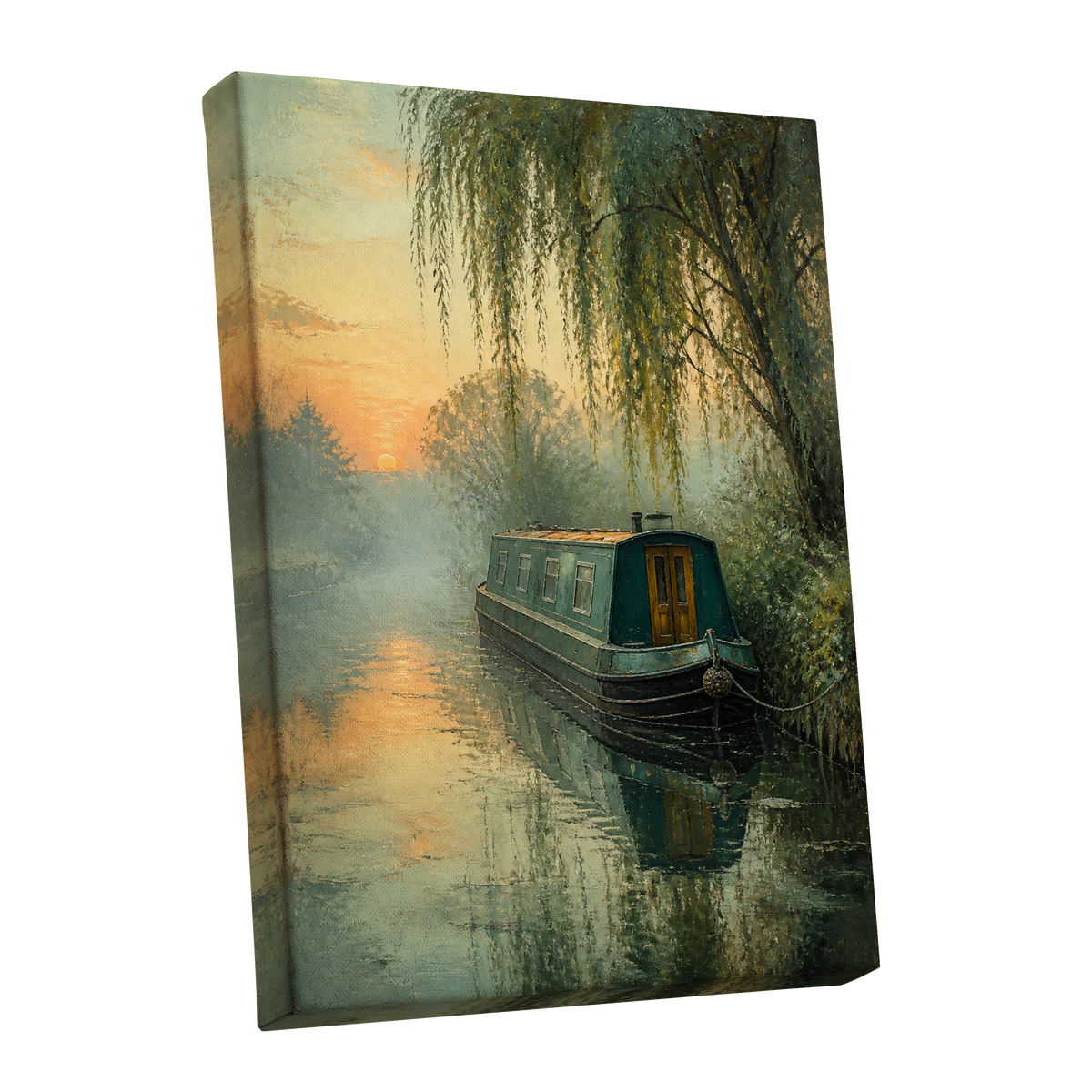 Willow at Golden Dusk, green, blue, gold nature wall art shown as a stretched canvas wall art