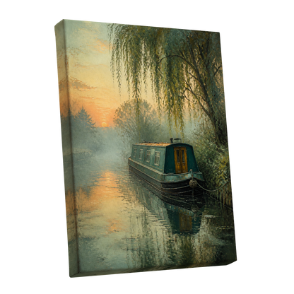 Willow at Golden Dusk, green, blue, gold nature wall art shown as a stretched canvas wall art