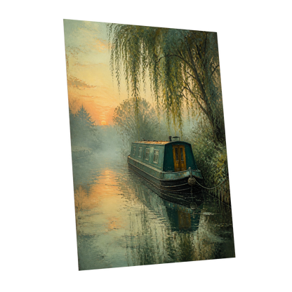 Willow at Golden Dusk, green, blue, gold nature wall art shown as a unframed poster wall art print