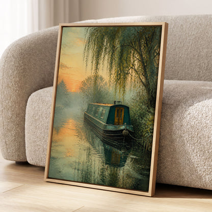 Willow at Golden Dusk, green, blue, gold nature wall art displayed in a styled interior, gallery view 1