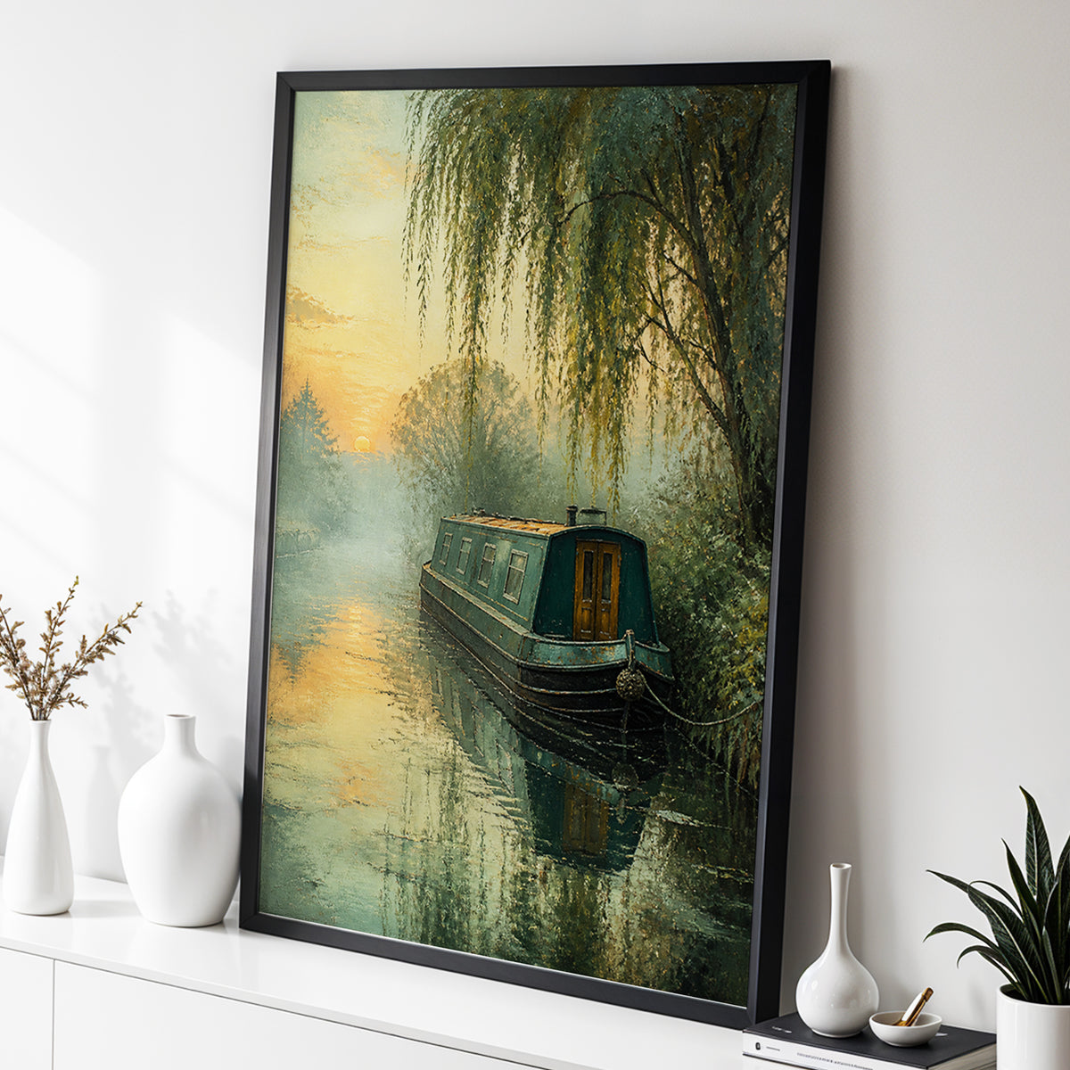 Willow at Golden Dusk, green, blue, gold nature wall art displayed in a styled interior, gallery view 2