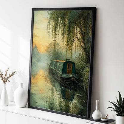Willow at Golden Dusk, green, blue, gold nature wall art displayed in a styled interior, gallery view 2