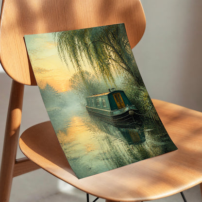 Willow at Golden Dusk, green, blue, gold nature wall art displayed in a styled interior, gallery view 3