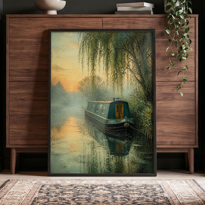 Willow at Golden Dusk, green, blue, gold nature wall art displayed in a styled interior, gallery view 4