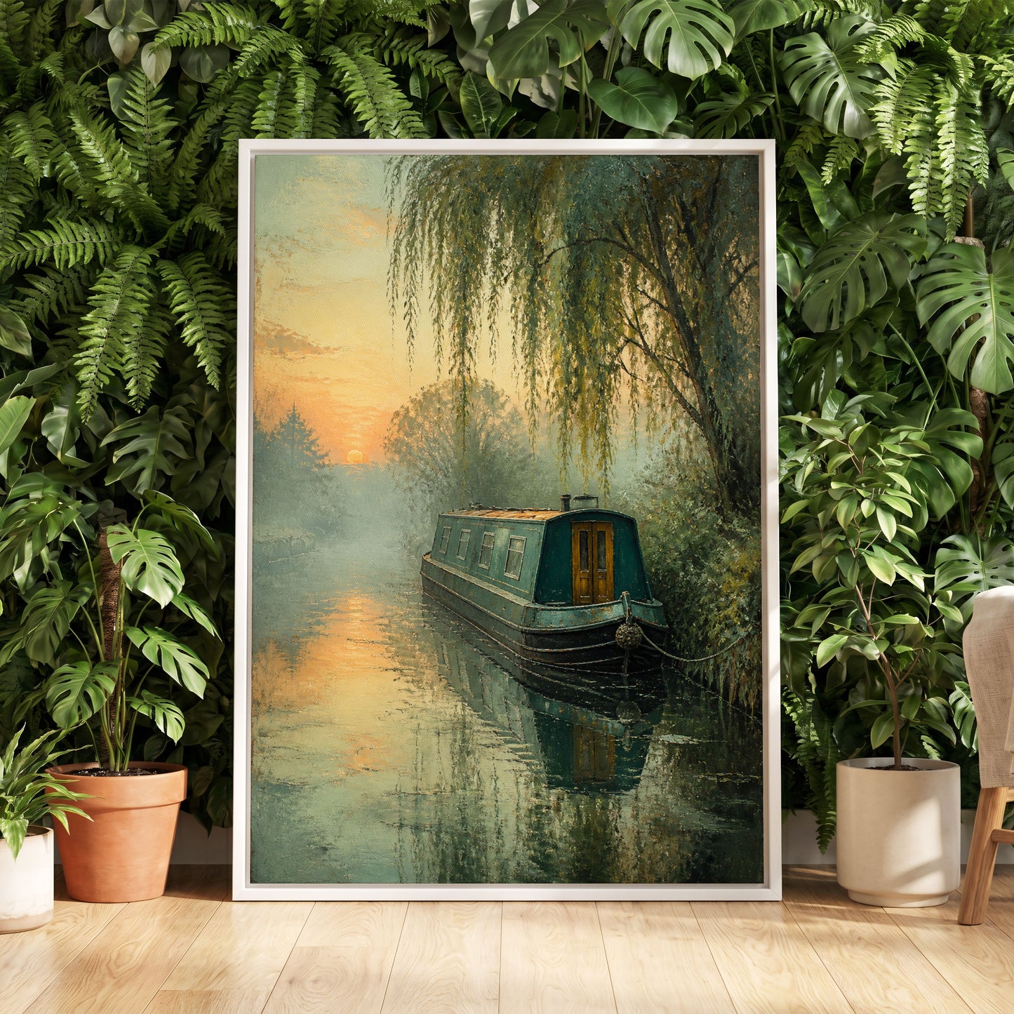 Willow at Golden Dusk, green, blue, gold nature wall art displayed in a styled interior, gallery view 5