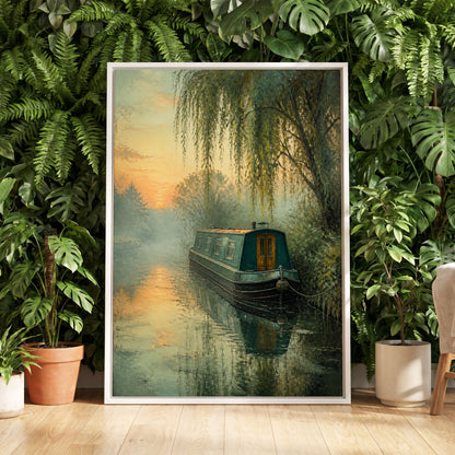 Willow at Golden Dusk, green, blue, gold nature wall art displayed in a styled interior, gallery view 5