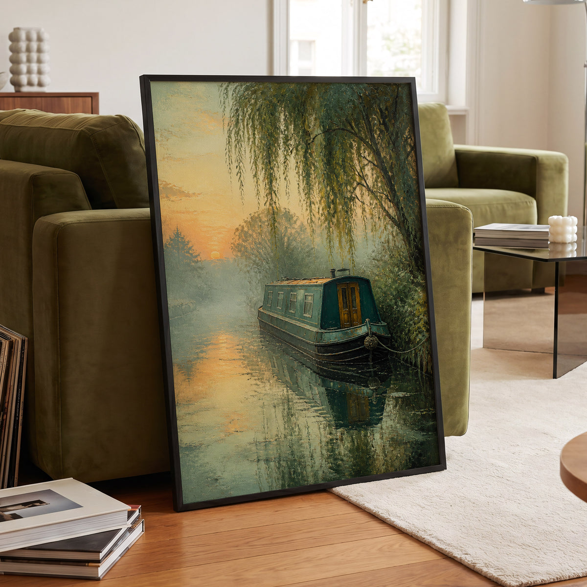 Willow at Golden Dusk, green, blue, gold nature wall art displayed in a styled interior, gallery view 6