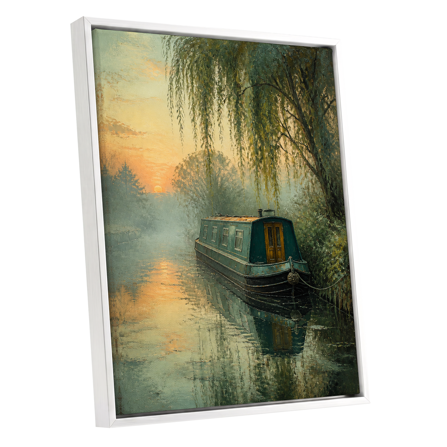 Willow at Golden Dusk, green, blue, gold nature wall art shown as a white framed canvas wall art