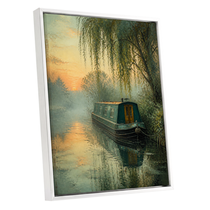 Willow at Golden Dusk, green, blue, gold nature wall art shown as a white framed canvas wall art