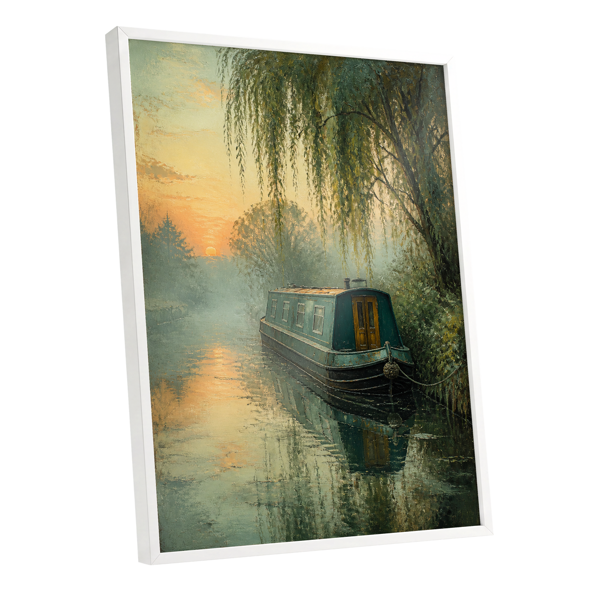 Willow at Golden Dusk, green, blue, gold nature wall art shown as a white framed poster wall art print