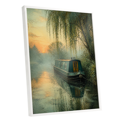 Willow at Golden Dusk, green, blue, gold nature wall art shown as a white framed poster wall art print
