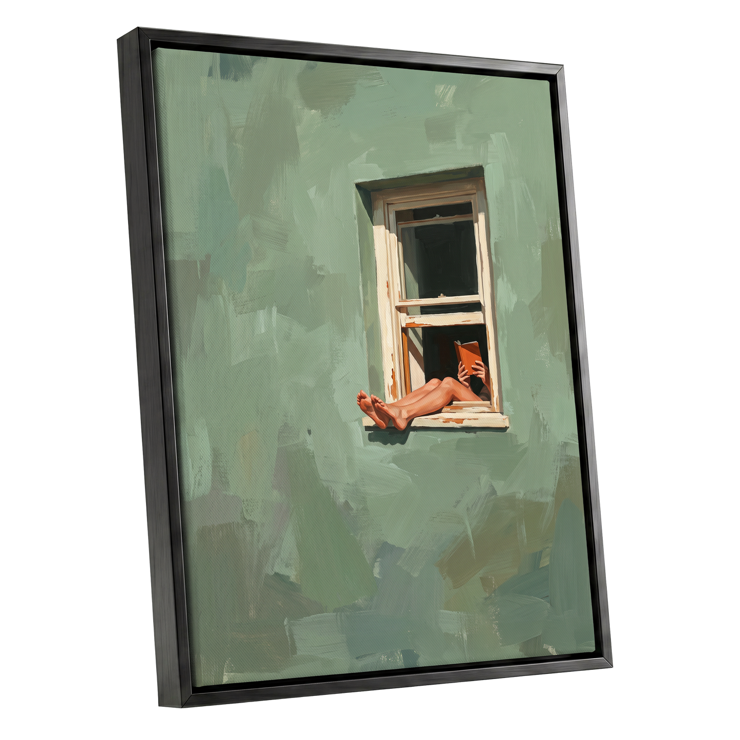 Window Reading, green, beige, white minimalist wall art shown as a black framed canvas wall art