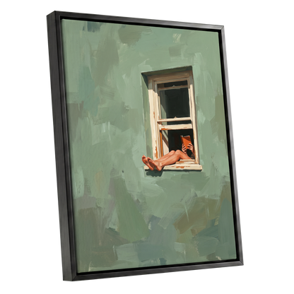 Window Reading, green, beige, white minimalist wall art shown as a black framed canvas wall art