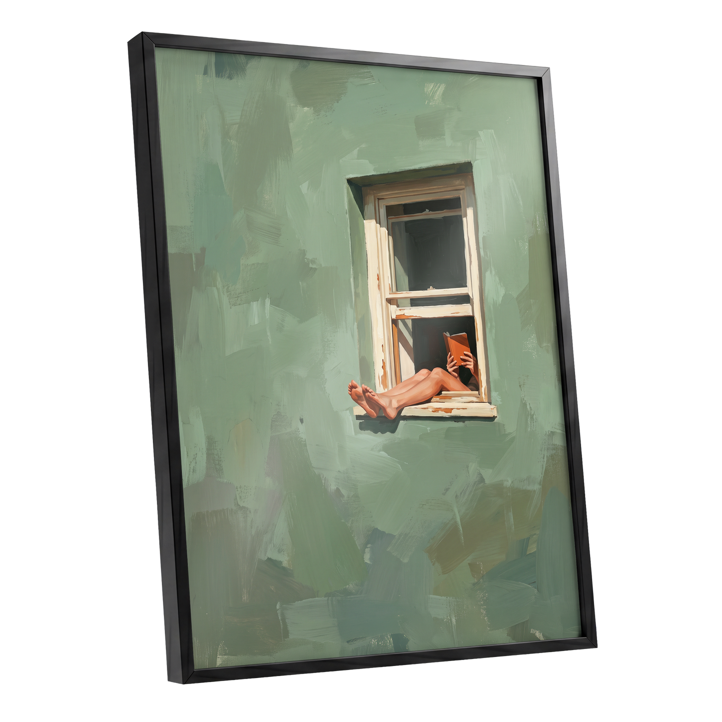 Window Reading, green, beige, white minimalist wall art shown as a black framed poster wall art print