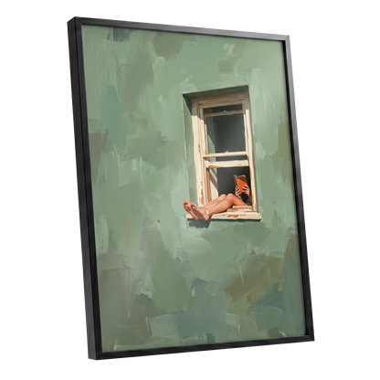 Window Reading, green, beige, white minimalist wall art shown as a black framed poster wall art print